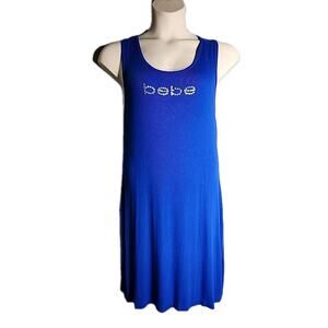 Bebe Logo Royal Blue Cross Over Dress Size XL Sleeveless Ribbed Knit Y2K Bling